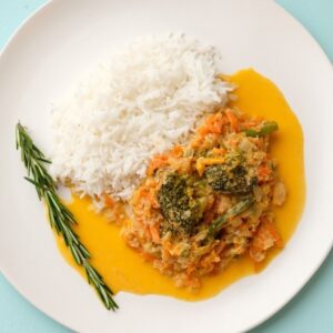 Veggies Coconut Curry w/ basmati rice, vegan at The Plantisserie, Miami
