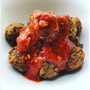 Lentil Meatballs w/Putanesca Sauce, Rice or Salad, vegan at The Plantisserie, Miami